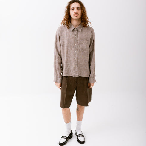 Mfpen Priority Shirt Brown Linen Check M324-039 Fit Total Front Degli Uberti